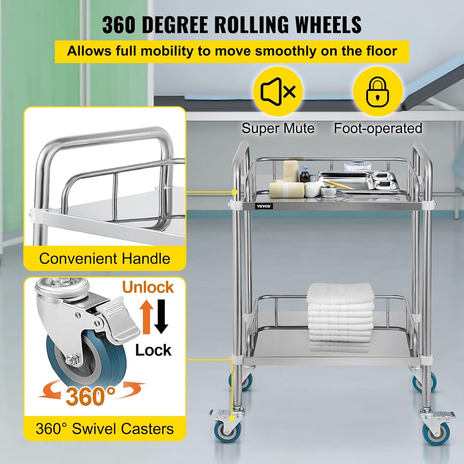 VEVOR 2-Layer Lab Medical Cart Stainless Steel Trolley Cart Lab Medical Equipment Cart Trolley Max Load 80kg for Lab Hospital Clinics-4