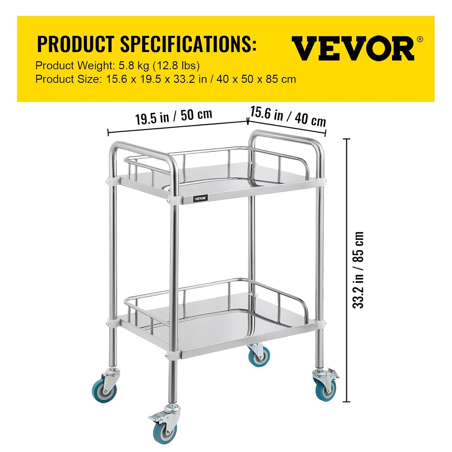 VEVOR 2-Layer Lab Medical Cart Stainless Steel Trolley Cart Lab Medical Equipment Cart Trolley Max Load 80kg for Lab Hospital Clinics-6