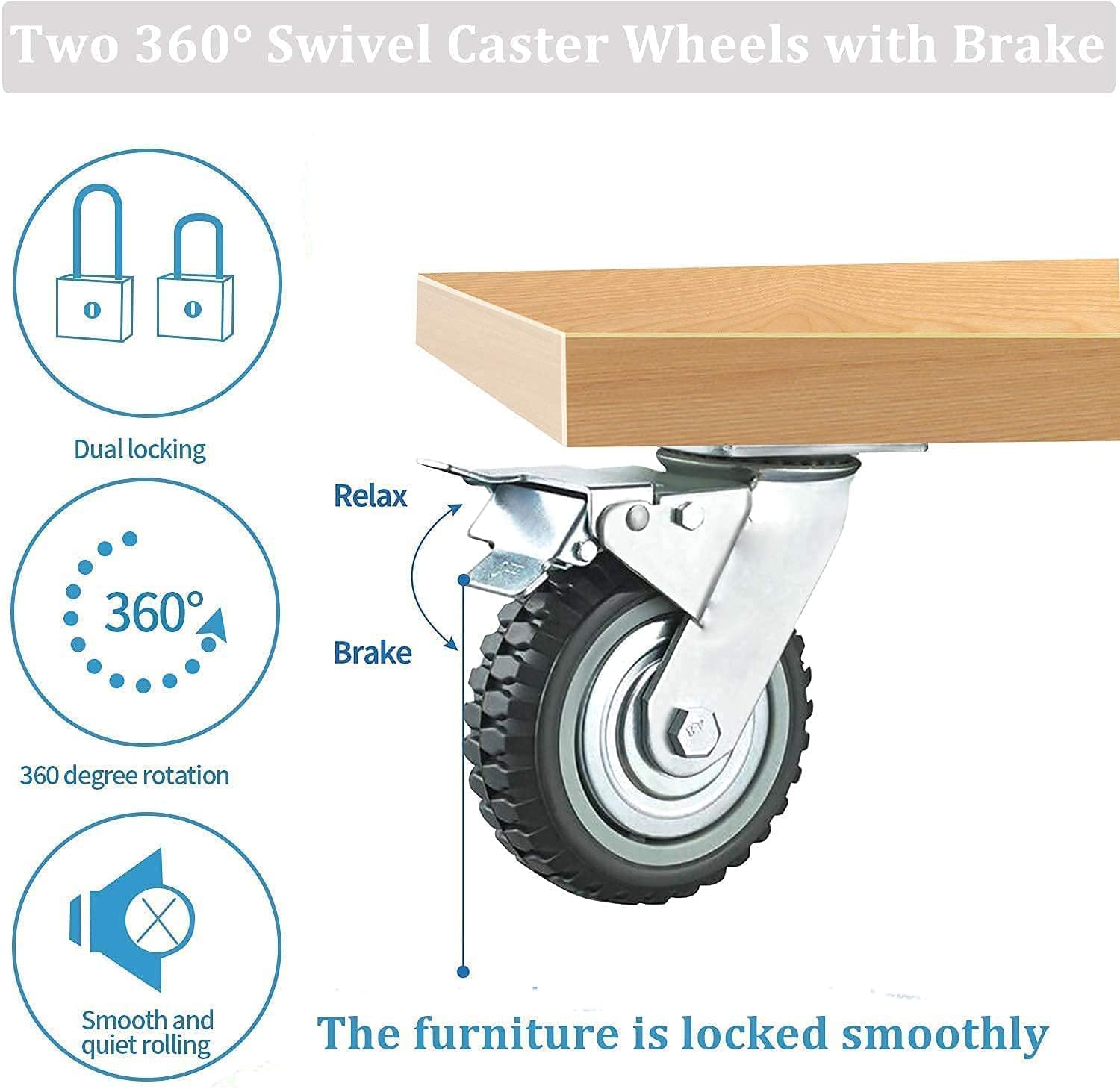 ybaymy 200mm Castors Wheels 4 Pack Solid Rubber Industrial Castors, 2 Locking Swivel Casters + 2 Fixed Caster Wheels with Brake 360 Degree Trolley on Wheels up to 1000kg for Furniture and Workbench-4