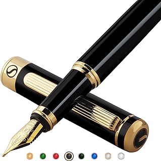 Scriveiner Black Lacquer Fountain Pen - Stunning Luxury Pen with 24K Gold Finish, Schmidt 18K Gilded Nib (Medium), Best Pen Gift Set for Men & Women, Professional, Executive, Office, Nice Pens