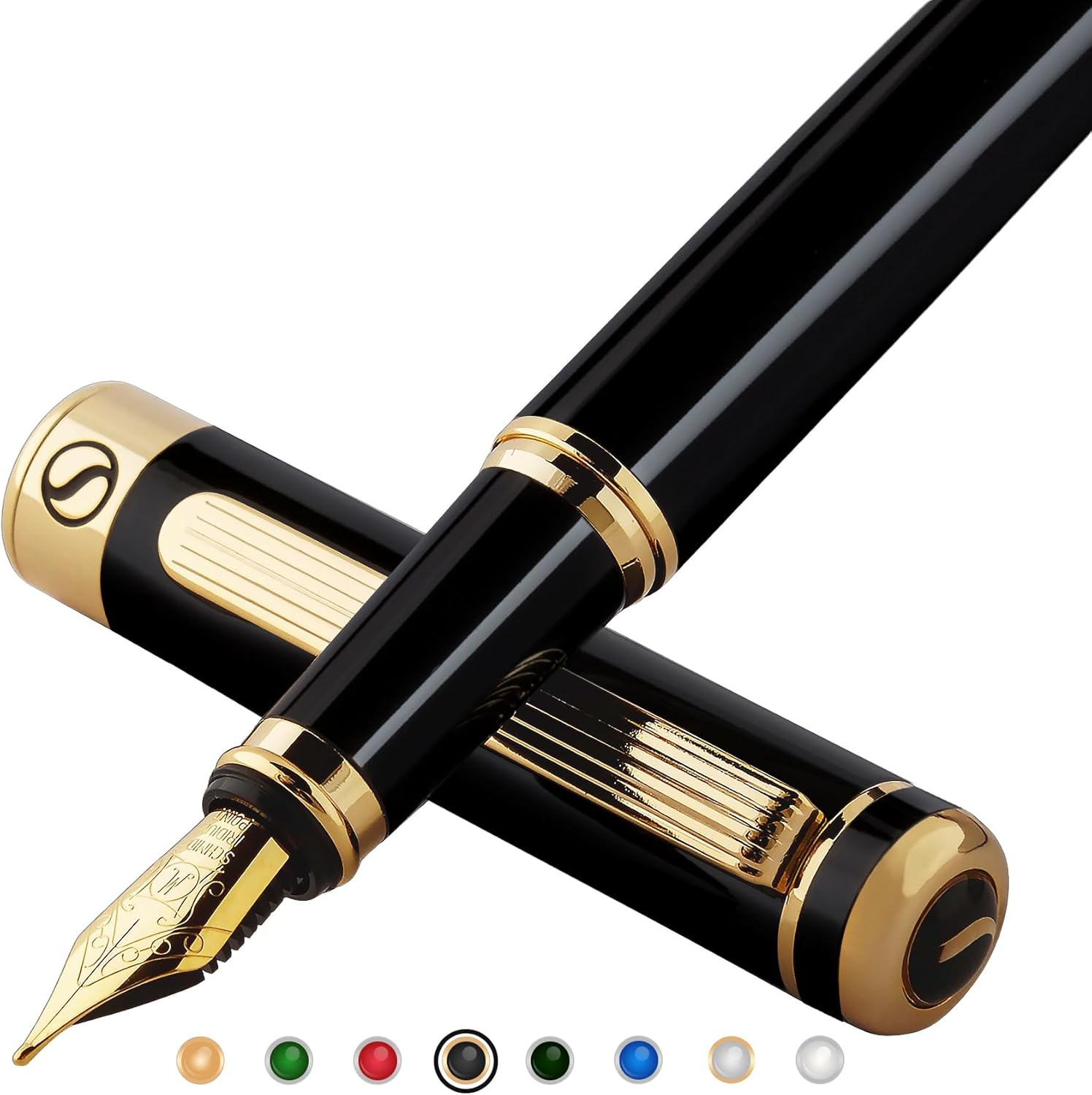 Scriveiner Black Lacquer Fountain Pen - Stunning Luxury Pen with 24K Gold Finish, Schmidt 18K Gilded Nib (Medium), Best Pen Gift Set for Men & Women, Professional, Executive, Office, Nice Pens-0