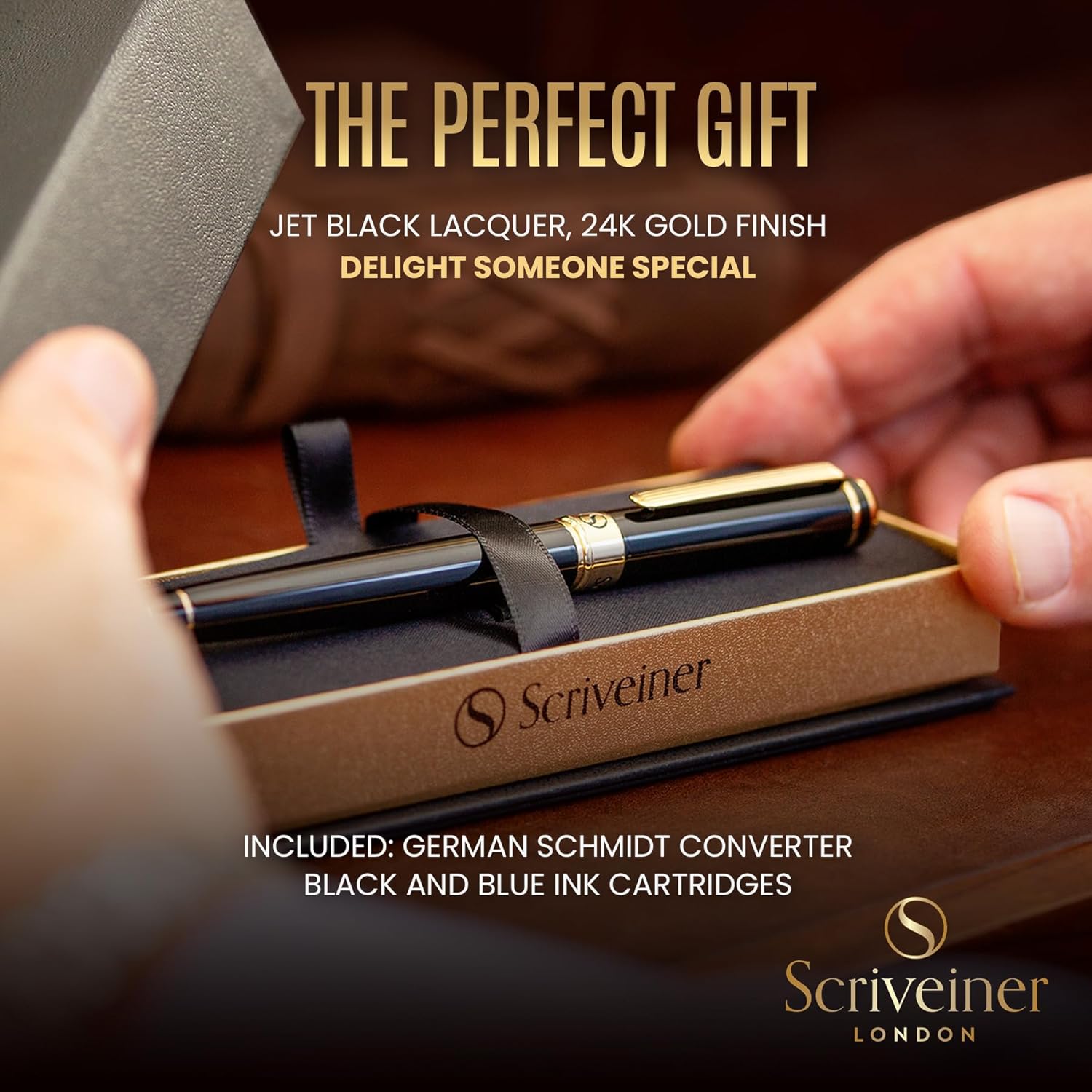 Scriveiner Black Lacquer Fountain Pen - Stunning Luxury Pen with 24K Gold Finish, Schmidt 18K Gilded Nib (Medium), Best Pen Gift Set for Men & Women, Professional, Executive, Office, Nice Pens-2