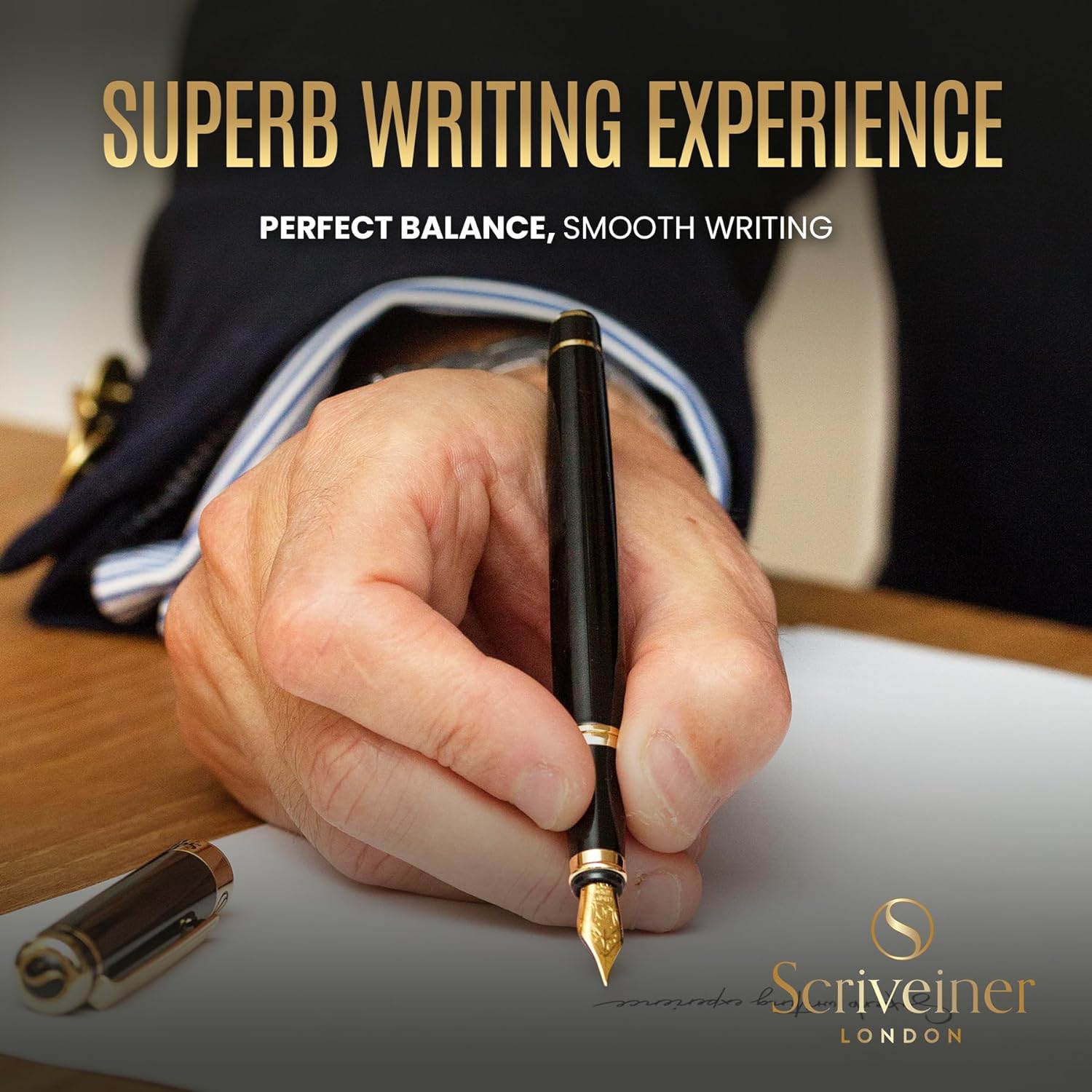 Scriveiner Black Lacquer Fountain Pen - Stunning Luxury Pen with 24K Gold Finish, Schmidt 18K Gilded Nib (Medium), Best Pen Gift Set for Men & Women, Professional, Executive, Office, Nice Pens-3