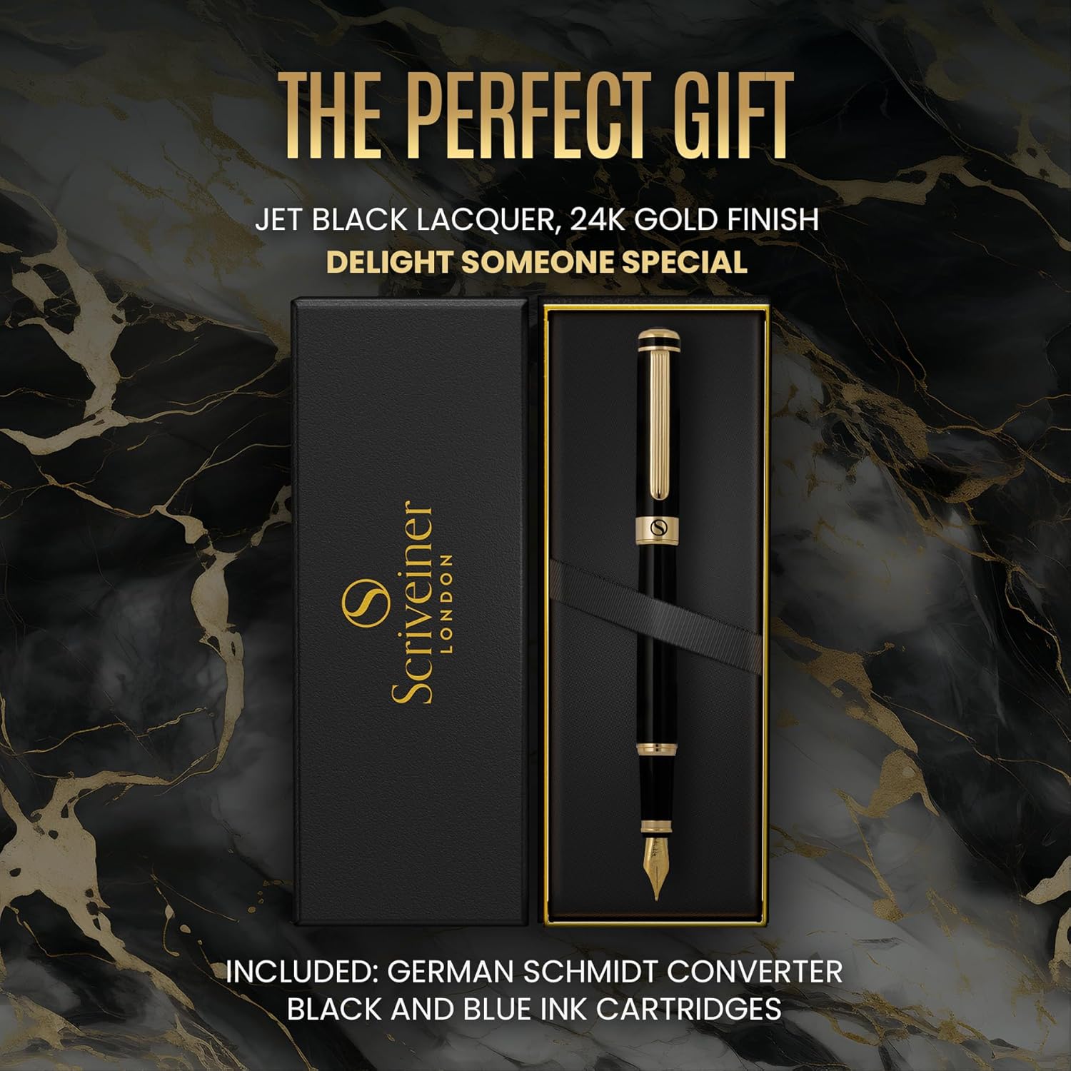 Scriveiner Black Lacquer Fountain Pen - Stunning Luxury Pen with 24K Gold Finish, Schmidt 18K Gilded Nib (Medium), Best Pen Gift Set for Men & Women, Professional, Executive, Office, Nice Pens-7