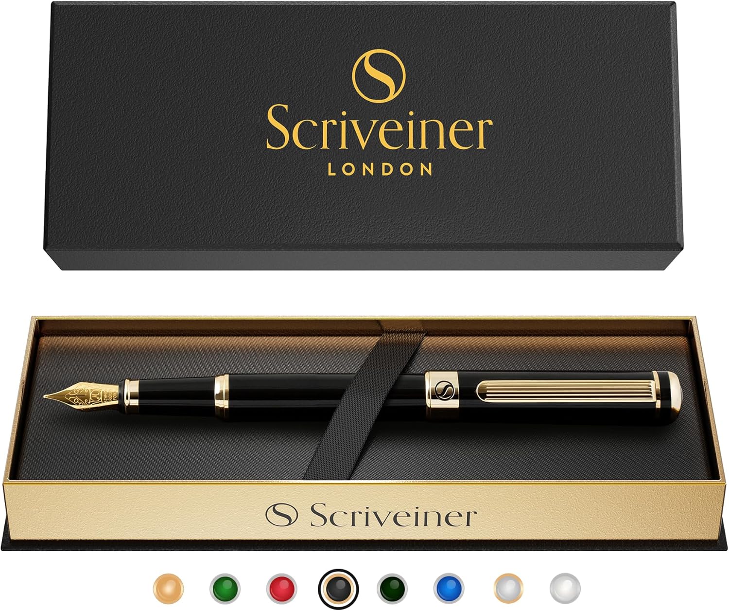 Scriveiner Black Lacquer Fountain Pen - Stunning Luxury Pen with 24K Gold Finish, Schmidt 18K Gilded Nib (Medium), Best Pen Gift Set for Men & Women, Professional, Executive, Office, Nice Pens-8