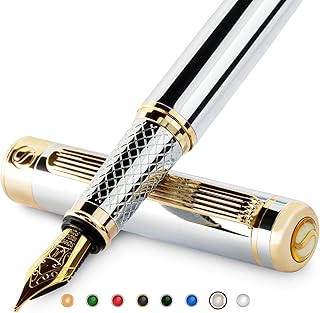 Scriveiner Silver Chrome Fountain Pen - Stunning Luxury Pen with 24K Gold Finish, Schmidt 18K Gilded Nib (Medium), Best Pen Gift Set for Men & Women, Professional, Executive Office, Nice Designer Pens