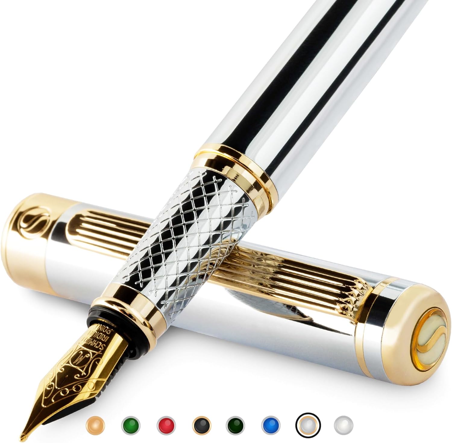 Scriveiner Silver Chrome Fountain Pen - Stunning Luxury Pen with 24K Gold Finish, Schmidt 18K Gilded Nib (Medium), Best Pen Gift Set for Men & Women, Professional, Executive Office, Nice Designer Pens-0