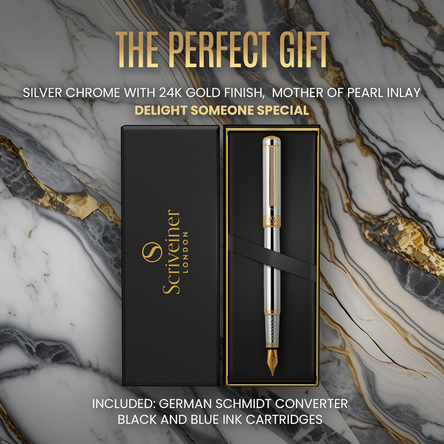 Scriveiner Silver Chrome Fountain Pen - Stunning Luxury Pen with 24K Gold Finish, Schmidt 18K Gilded Nib (Medium), Best Pen Gift Set for Men & Women, Professional, Executive Office, Nice Designer Pens-2