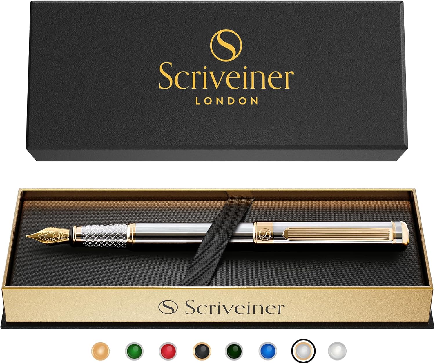 Scriveiner Silver Chrome Fountain Pen - Stunning Luxury Pen with 24K Gold Finish, Schmidt 18K Gilded Nib (Medium), Best Pen Gift Set for Men & Women, Professional, Executive Office, Nice Designer Pens-8