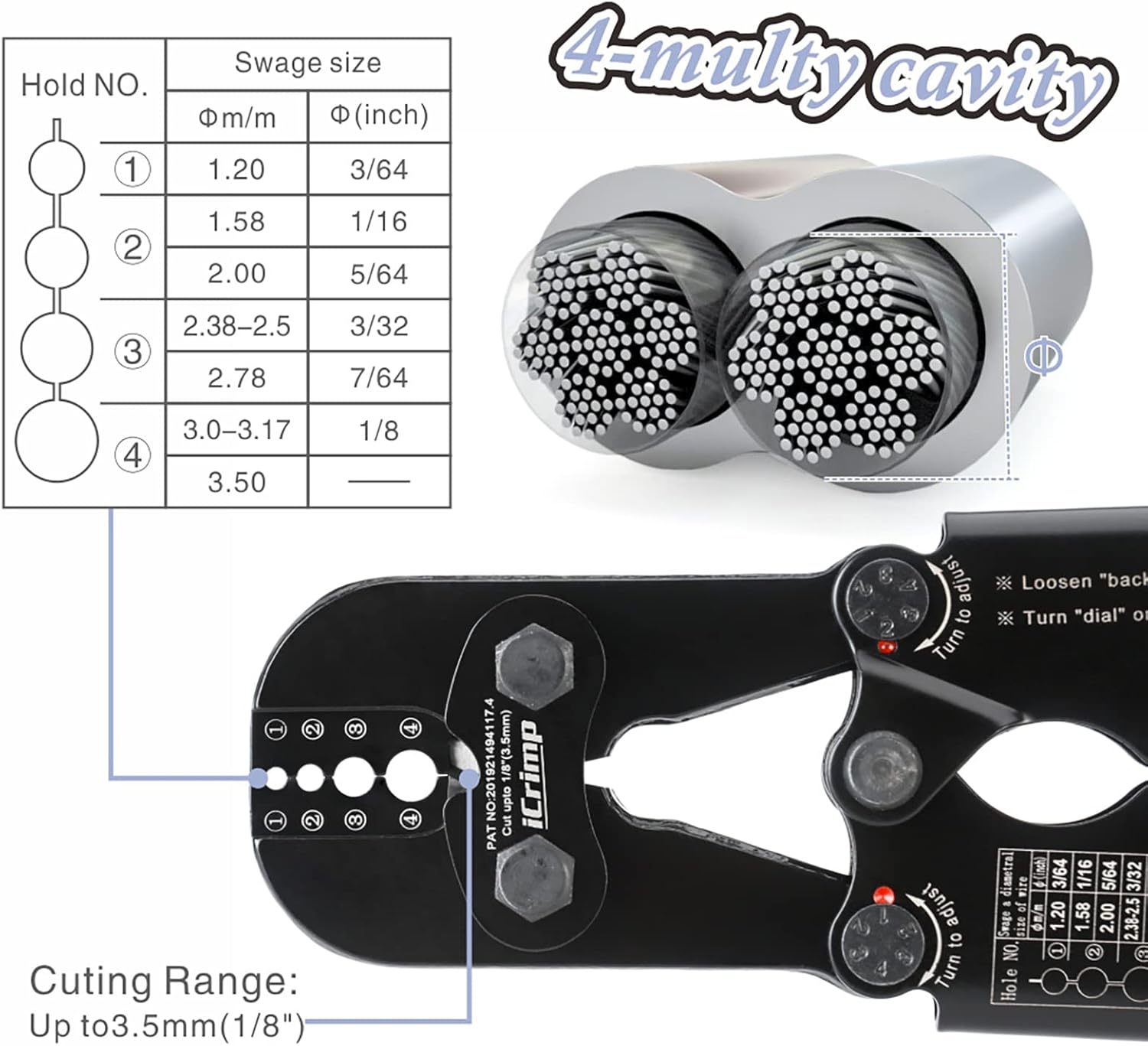 iCrimp Hand Swage Wire Rope Crimping Tools for Aluminum Duplex Hourglass Sleeves, Aluminum Stop Buttons, Copper Duplex Sleeves with Built-in Cable Cutter Works from 1.2mm to 3.5mm-1