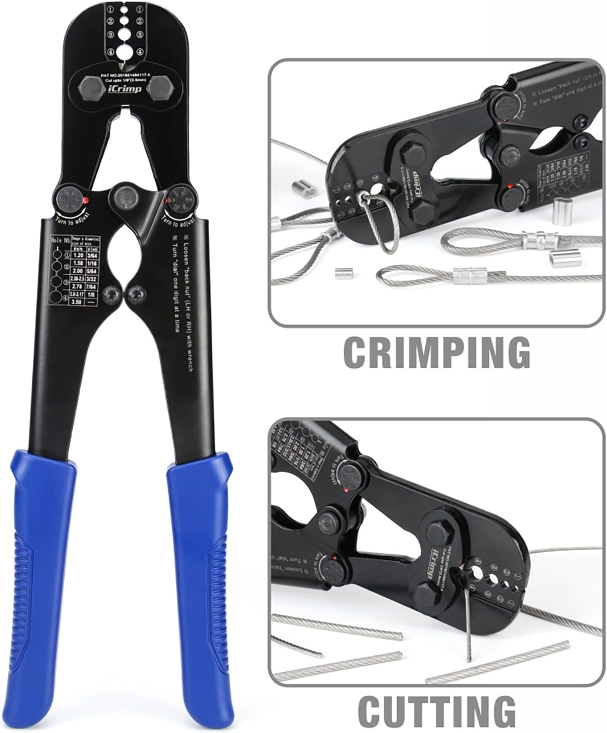 iCrimp Hand Swage Wire Rope Crimping Tools for Aluminum Duplex Hourglass Sleeves, Aluminum Stop Buttons, Copper Duplex Sleeves with Built-in Cable Cutter Works from 1.2mm to 3.5mm-2