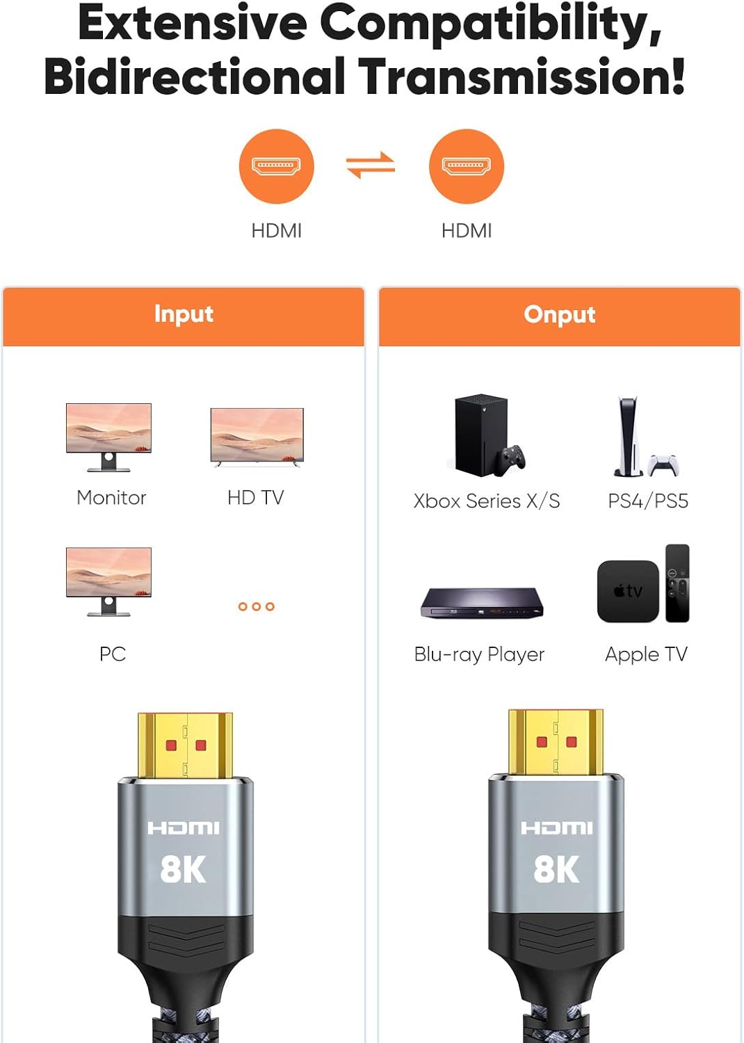 10K 8K HDMI Cable 2M Certified, Snowkids HDMI 2.1 Cable Ultra HD 8K@60Hz 4K@120Hz eARC HDR10 HDCP 2.2/2.3 Dolby 3D, Compatible with PS5/4 HDTV X-box-4