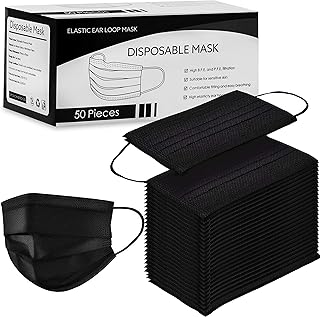 Tanness (Pack of 50) Black 3 Ply Safety Masks - Disposable Black Face Masks Protective 3 Ply Breathable Triple Layer Mouth Cover with Elastic Earloops UK