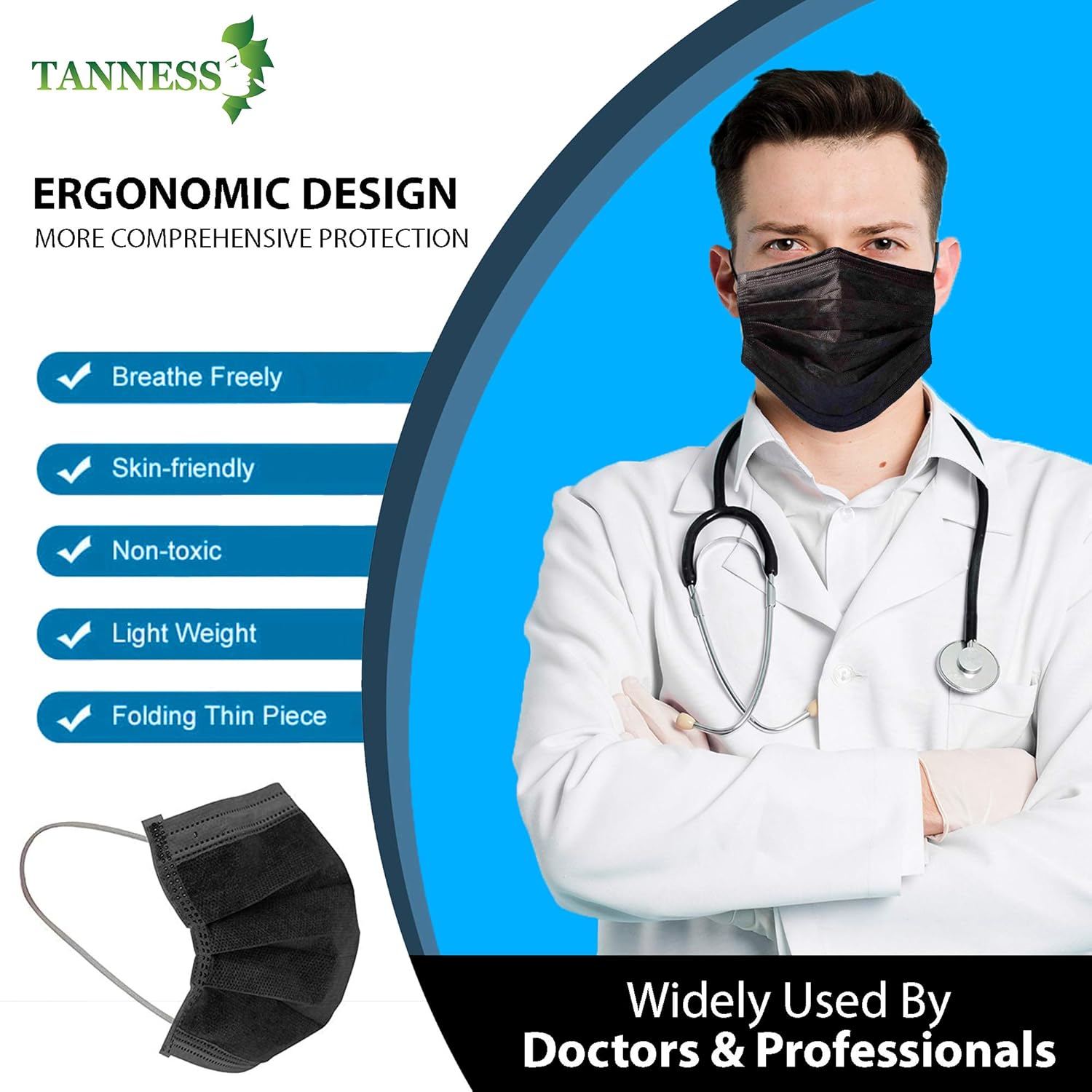 Tanness (Pack of 50) Black 3 Ply Safety Masks - Disposable Black Face Masks Protective 3 Ply Breathable Triple Layer Mouth Cover with Elastic Earloops UK-1