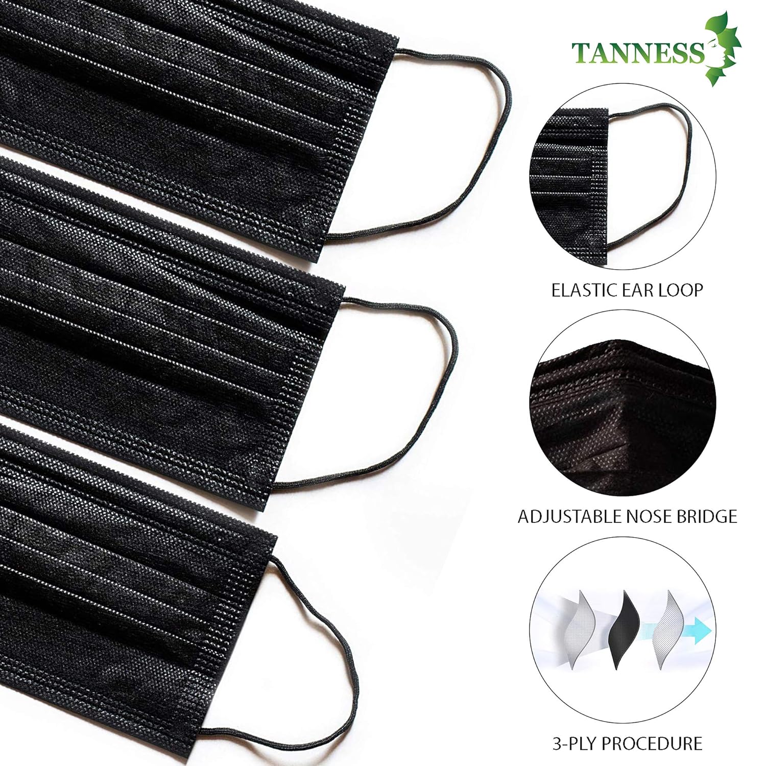 Tanness (Pack of 50) Black 3 Ply Safety Masks - Disposable Black Face Masks Protective 3 Ply Breathable Triple Layer Mouth Cover with Elastic Earloops UK-2