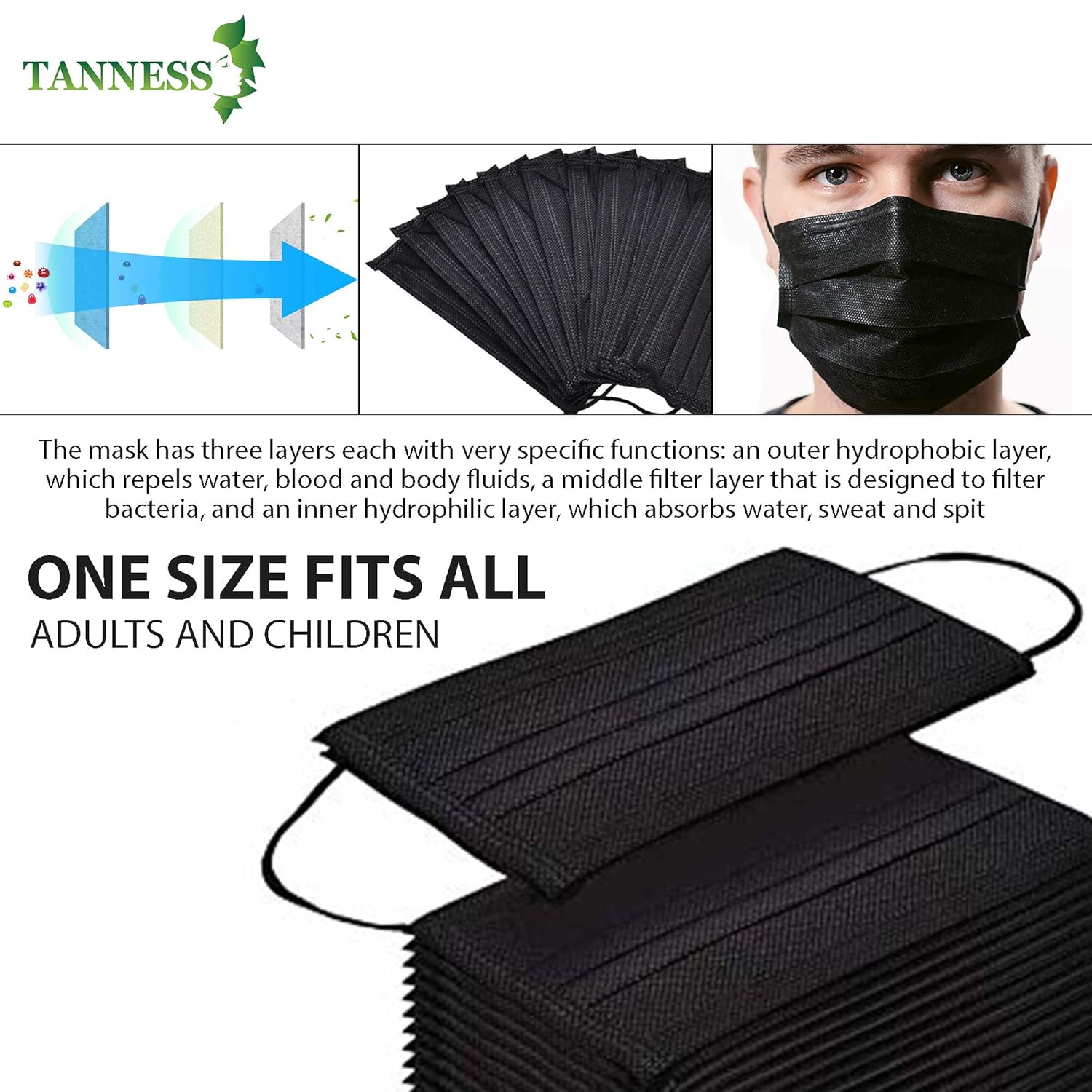 Tanness (Pack of 50) Black 3 Ply Safety Masks - Disposable Black Face Masks Protective 3 Ply Breathable Triple Layer Mouth Cover with Elastic Earloops UK-3