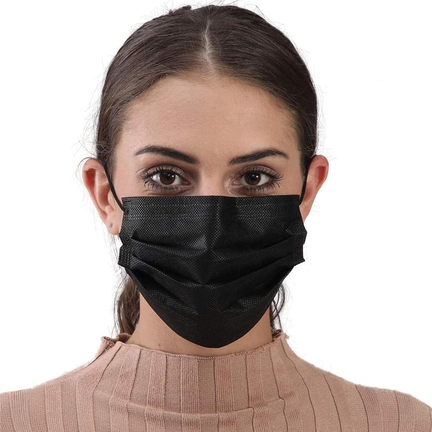 Tanness (Pack of 50) Black 3 Ply Safety Masks - Disposable Black Face Masks Protective 3 Ply Breathable Triple Layer Mouth Cover with Elastic Earloops UK-5