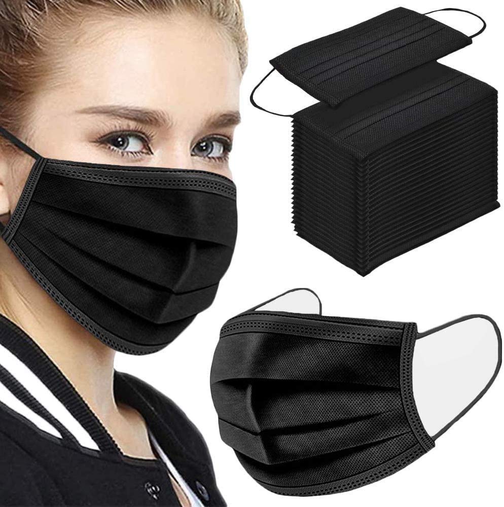 Tanness (Pack of 50) Black 3 Ply Safety Masks - Disposable Black Face Masks Protective 3 Ply Breathable Triple Layer Mouth Cover with Elastic Earloops UK-6