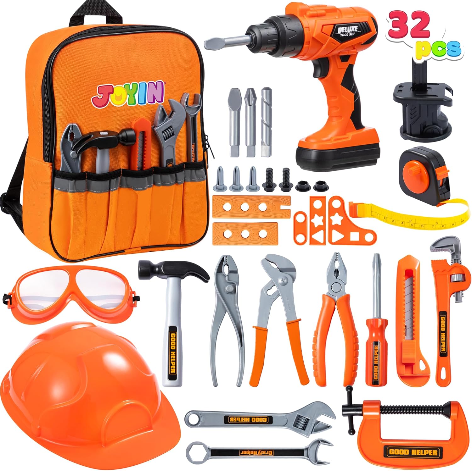 JOYIN 32 PCS Kids Construction Tool Toy Set Backpack with Electric Power Drill , Helmet, Accessories for Cosntruction Pretend Play-0