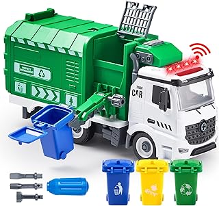 JOYIN Jumbo Take Apart Friction Powered Side-Dump Recycling Garbage Truck Toy with Light and Sounds, 3 Trash Cans, Screwdriver Toys, for DIY Assembly