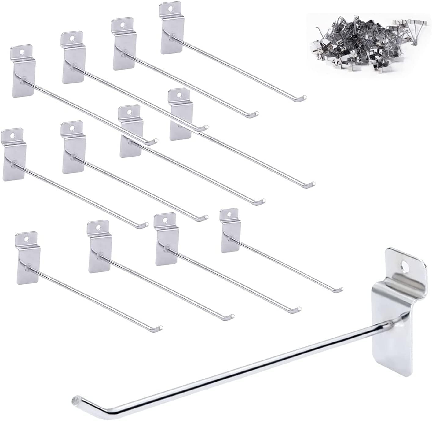 ybaymy 100Pcs Slat Wall Panel Hooks, 20cm/8 inch Single Prong Display Hooks, Sliver Chrome Shop Pegboard Hooks with 3kg Load Capacity for Room, Garage, Retail Store, Supermarket Shelves-0