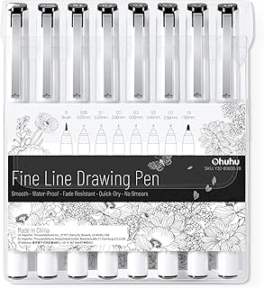 Ohuhu Fineliner Pen, Set of 8 Pack Ultra Drawing Pens, 8 Assorted Tip Sizes, 7 Fine Tip Markers & A Brush Pen, Black Ink Fine Line Pen for Drawing Details & Artist Illustration, Sketching, Manga