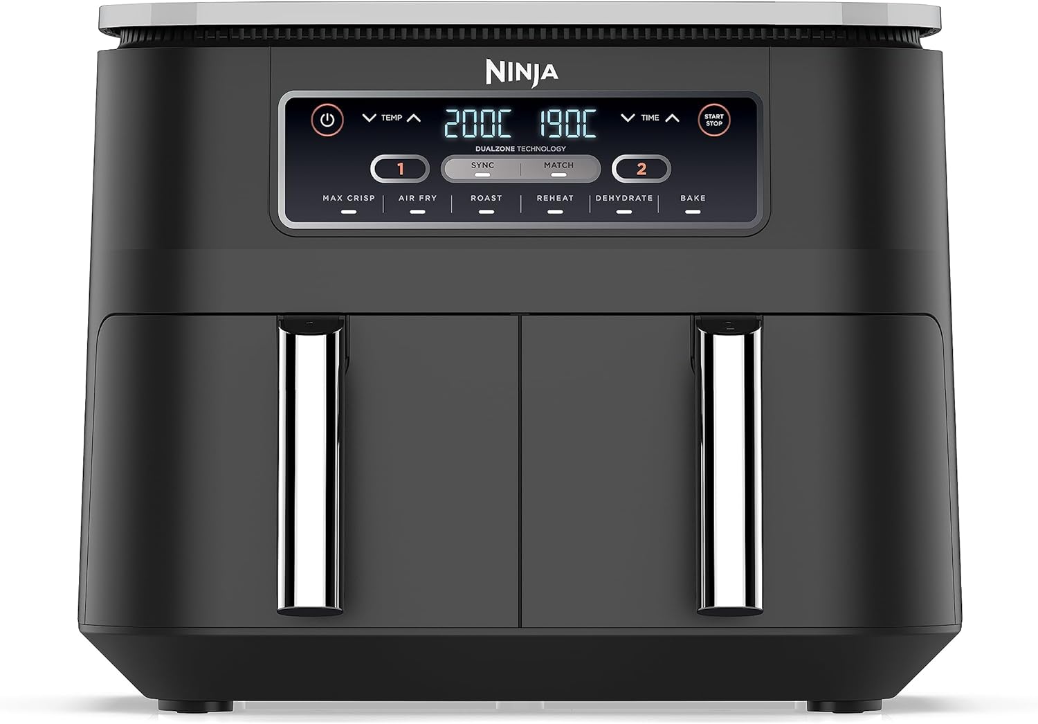 Ninja Foodi Dual Zone Digital Air Fryer, 2 Drawers, 7.6L, 6-in-1, Uses No Oil, Air Fry, Max Crisp, Roast, Bake, Reheat, Dehydrate, Cooks 4-6 Portions, Non-Stick, Dishwasher Safe Baskets, Black AF300UK-0