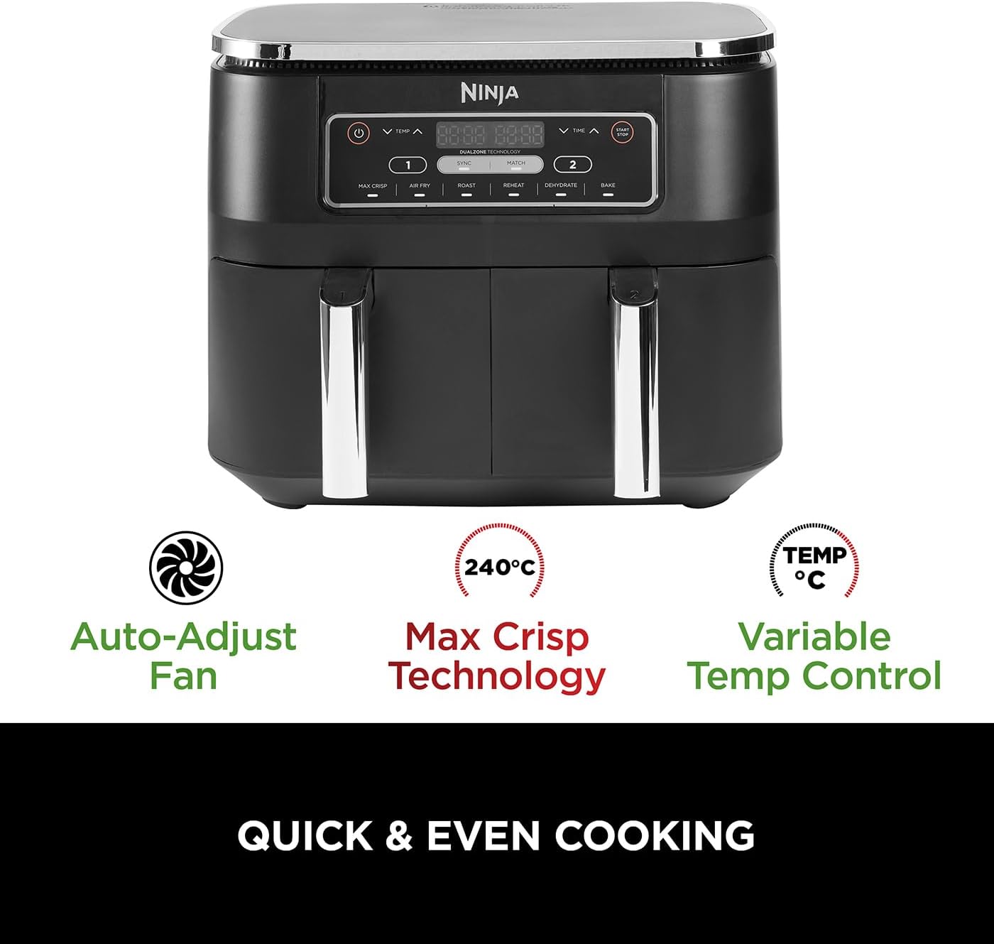 Ninja Foodi Dual Zone Digital Air Fryer, 2 Drawers, 7.6L, 6-in-1, Uses No Oil, Air Fry, Max Crisp, Roast, Bake, Reheat, Dehydrate, Cooks 4-6 Portions, Non-Stick, Dishwasher Safe Baskets, Black AF300UK-10