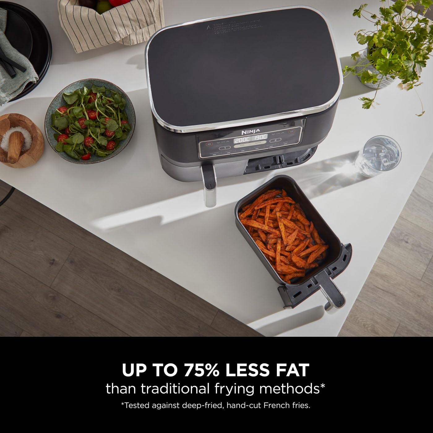 Ninja Foodi Dual Zone Digital Air Fryer, 2 Drawers, 7.6L, 6-in-1, Uses No Oil, Air Fry, Max Crisp, Roast, Bake, Reheat, Dehydrate, Cooks 4-6 Portions, Non-Stick, Dishwasher Safe Baskets, Black AF300UK-6