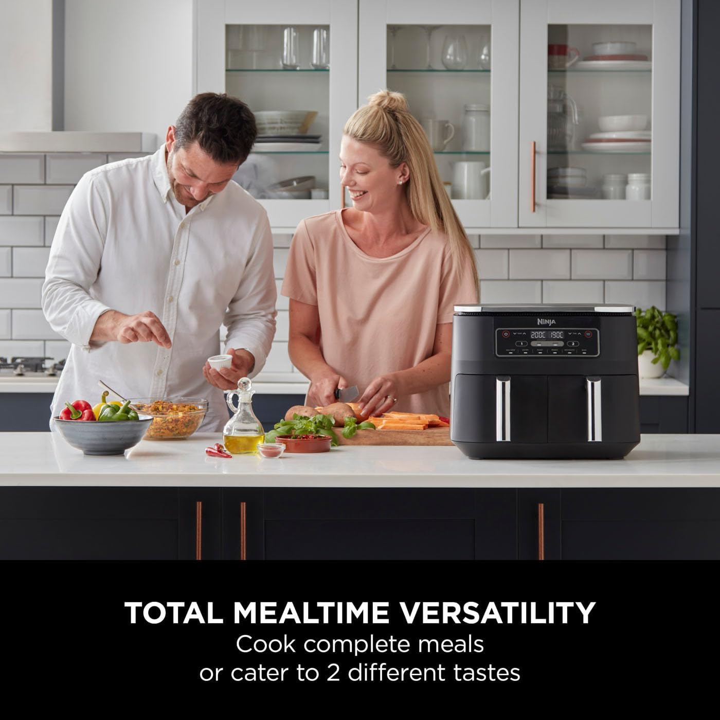 Ninja Foodi Dual Zone Digital Air Fryer, 2 Drawers, 7.6L, 6-in-1, Uses No Oil, Air Fry, Max Crisp, Roast, Bake, Reheat, Dehydrate, Cooks 4-6 Portions, Non-Stick, Dishwasher Safe Baskets, Black AF300UK-9