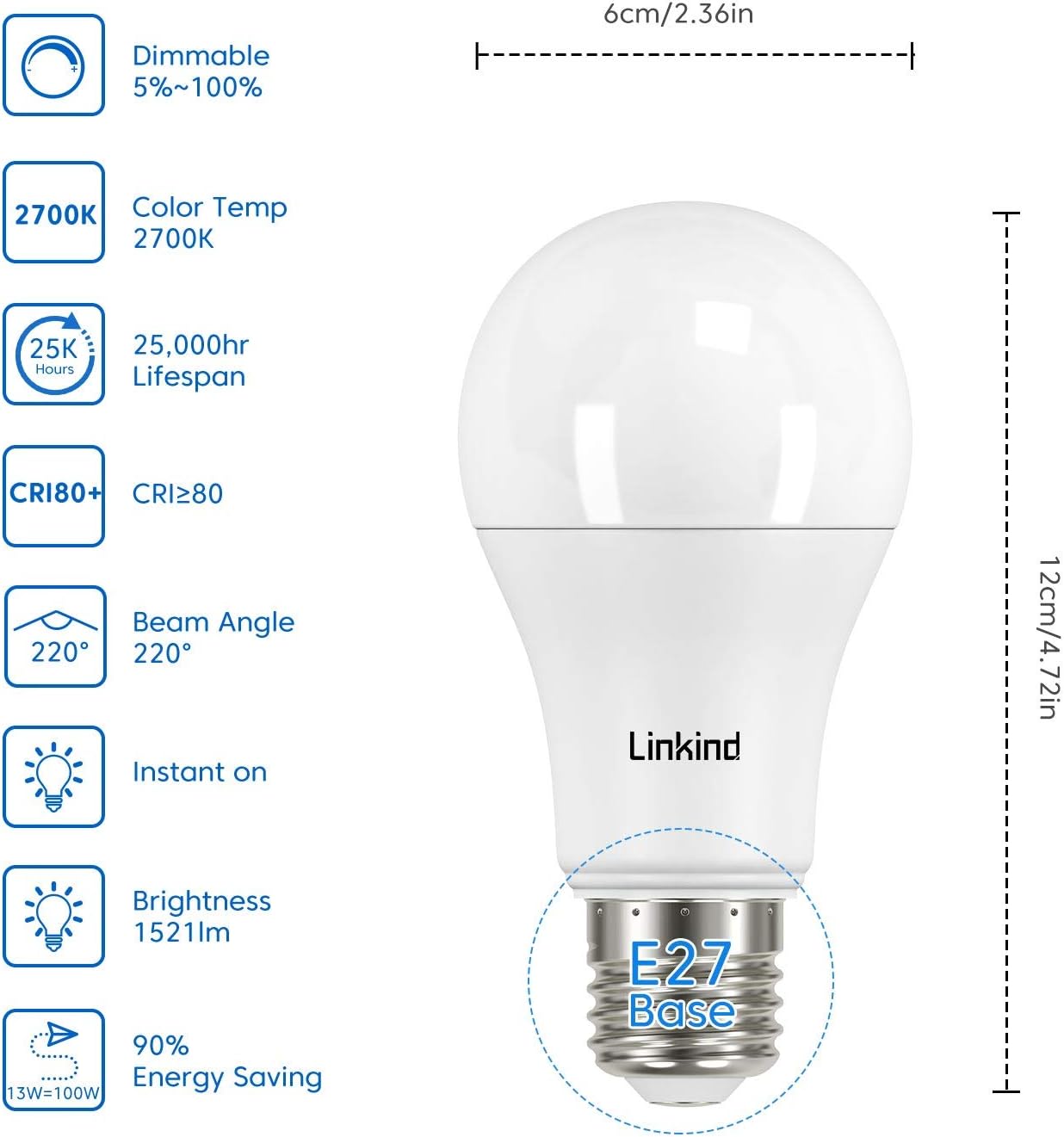 Linkind E27 LED Bulb Dimmable Edison Screw Light, 13W to Replace 100W Bulb, Warm White(2700K) 1521LM A60 Light Bulb, ERP, CE Certified, Frosted, Pack of 3-1