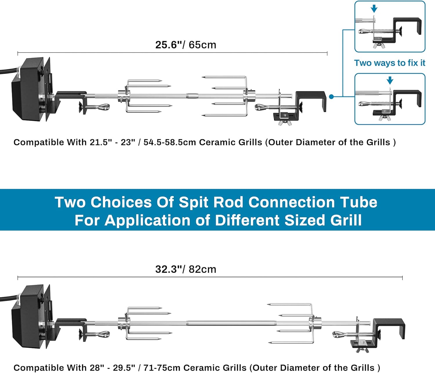 onlyfire BRK-6066 BBQ Rotisserie Kit Stanless Steel Roast Spit Set for Kamado Joe Classic | Large XLarge BGE | Pit Boss K22 | Louisiana K22 | Primo & Other 21.5"-23", 28"-29.5" Ceramic Grill-2