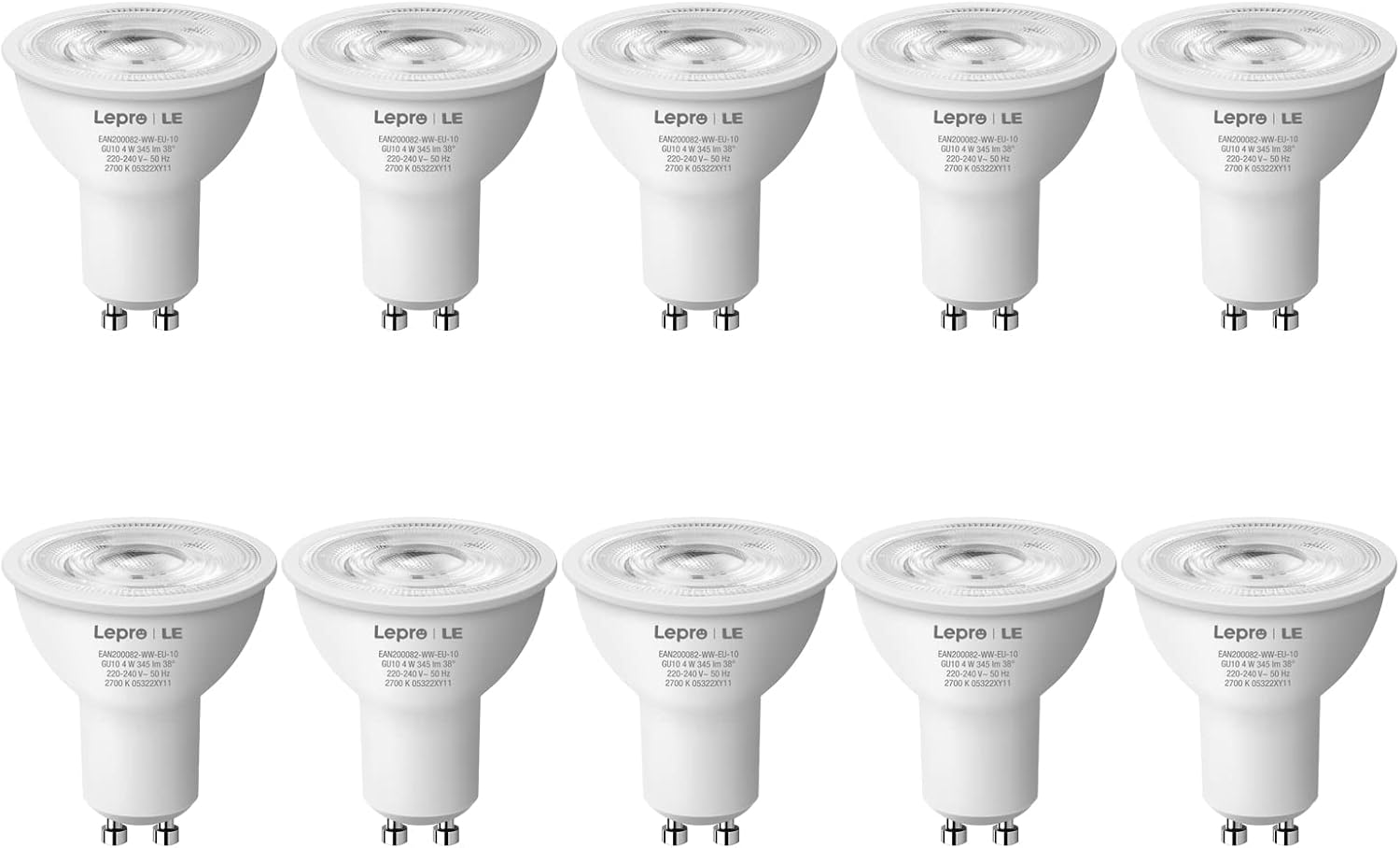 Lepro GU10 LED Bulbs, Warm White 2700K, 4W 345lm Energy Saving Light Bulbs, 50W GU10 Halogen Spotlight Bulbs Equivalent, 38° Narrow Beam, No Flickering, Non-dimmable, Pack of 10-0