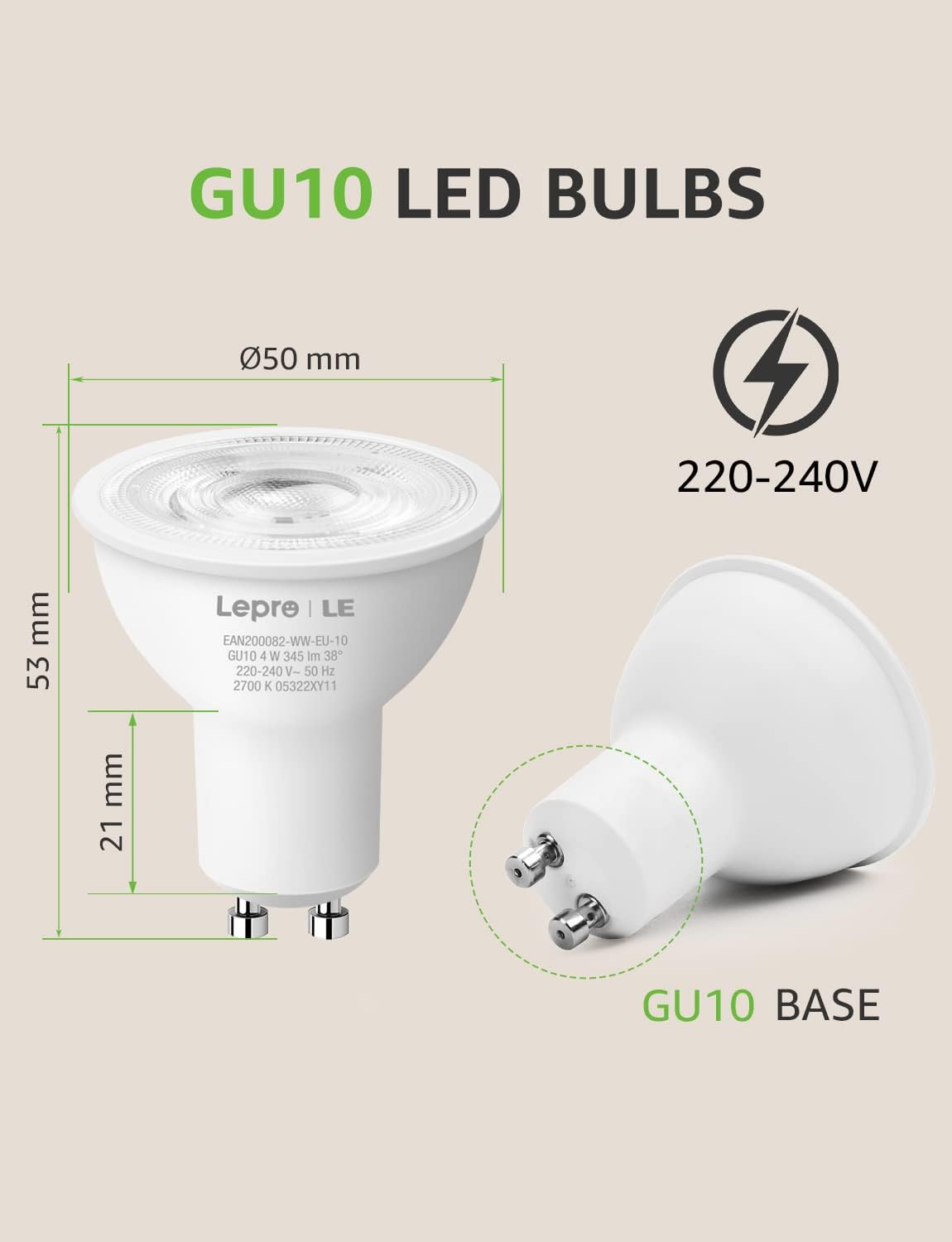 Lepro GU10 LED Bulbs, Warm White 2700K, 4W 345lm Energy Saving Light Bulbs, 50W GU10 Halogen Spotlight Bulbs Equivalent, 38° Narrow Beam, No Flickering, Non-dimmable, Pack of 10-5