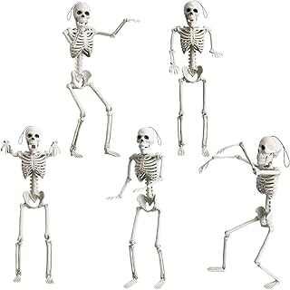 OKPOW 5 PCS 40cm Halloween Posable Skeletons Realistic Spooky Full Body Hanging Skeletons Halloween Prop Decor for Haunted House, Halloween Decoration (Multiple)