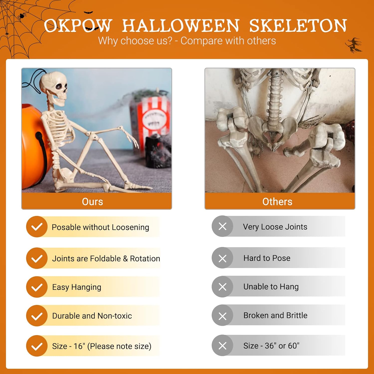 OKPOW 5 PCS 40cm Halloween Posable Skeletons Realistic Spooky Full Body Hanging Skeletons Halloween Prop Decor for Haunted House, Halloween Decoration (Multiple)-2