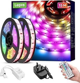 Lepro LED Strip Lights 15M (2x7.5M), RGB Colour Changing LED Strip with 44-Key Remote and 12V Power Plug, Stick-on LED Lights for Bedroom Home Decoration (450 Bright 5050 LED)