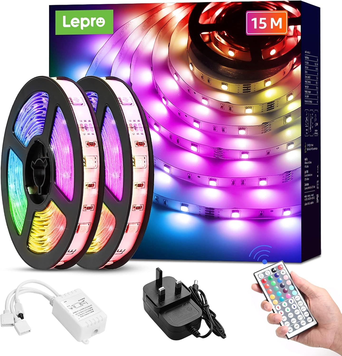 Lepro LED Strip Lights 15M (2x7.5M), RGB Colour Changing LED Strip with 44-Key Remote and 12V Power Plug, Stick-on LED Lights for Bedroom Home Decoration (450 Bright 5050 LED)-0