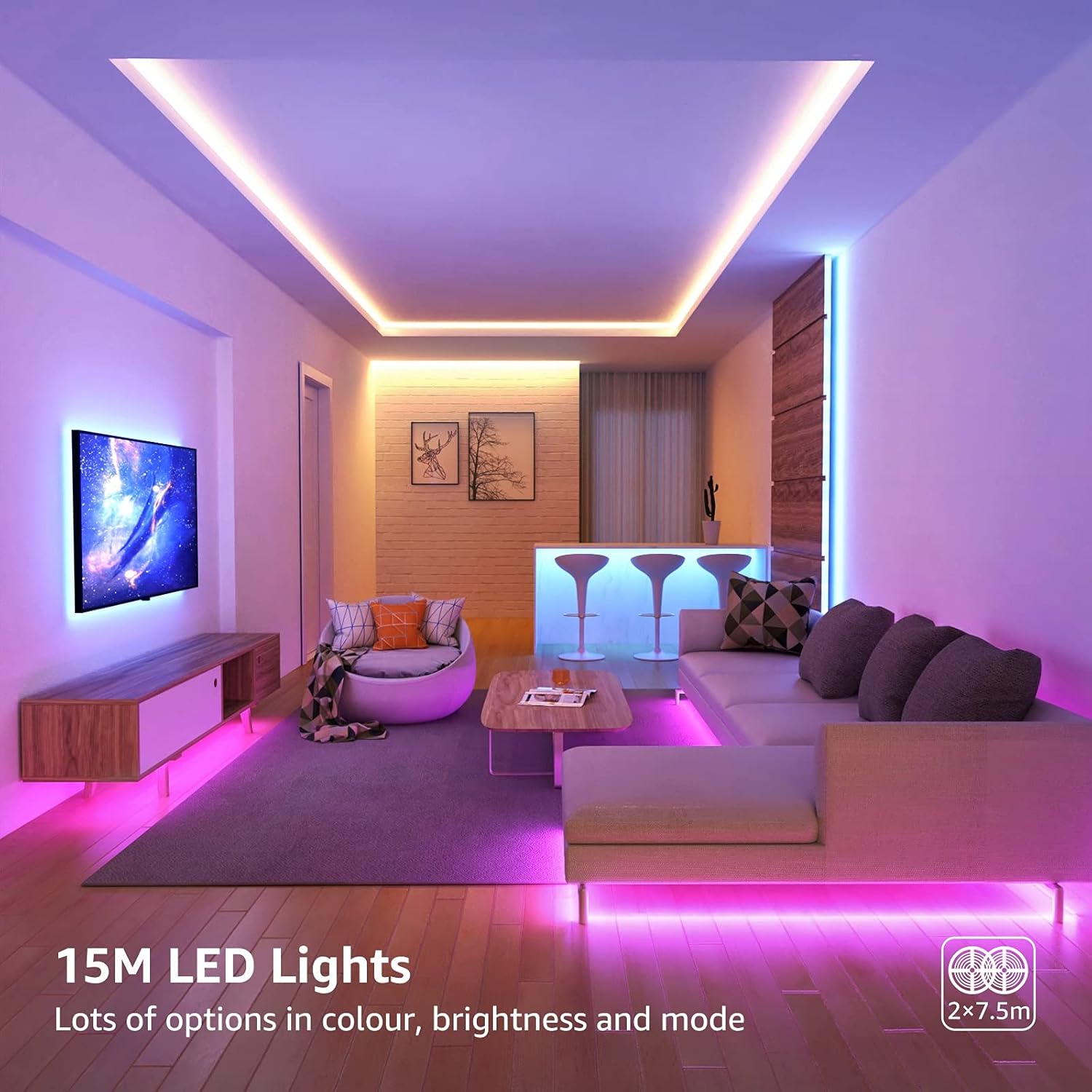 Lepro LED Strip Lights 15M (2x7.5M), RGB Colour Changing LED Strip with 44-Key Remote and 12V Power Plug, Stick-on LED Lights for Bedroom Home Decoration (450 Bright 5050 LED)-1