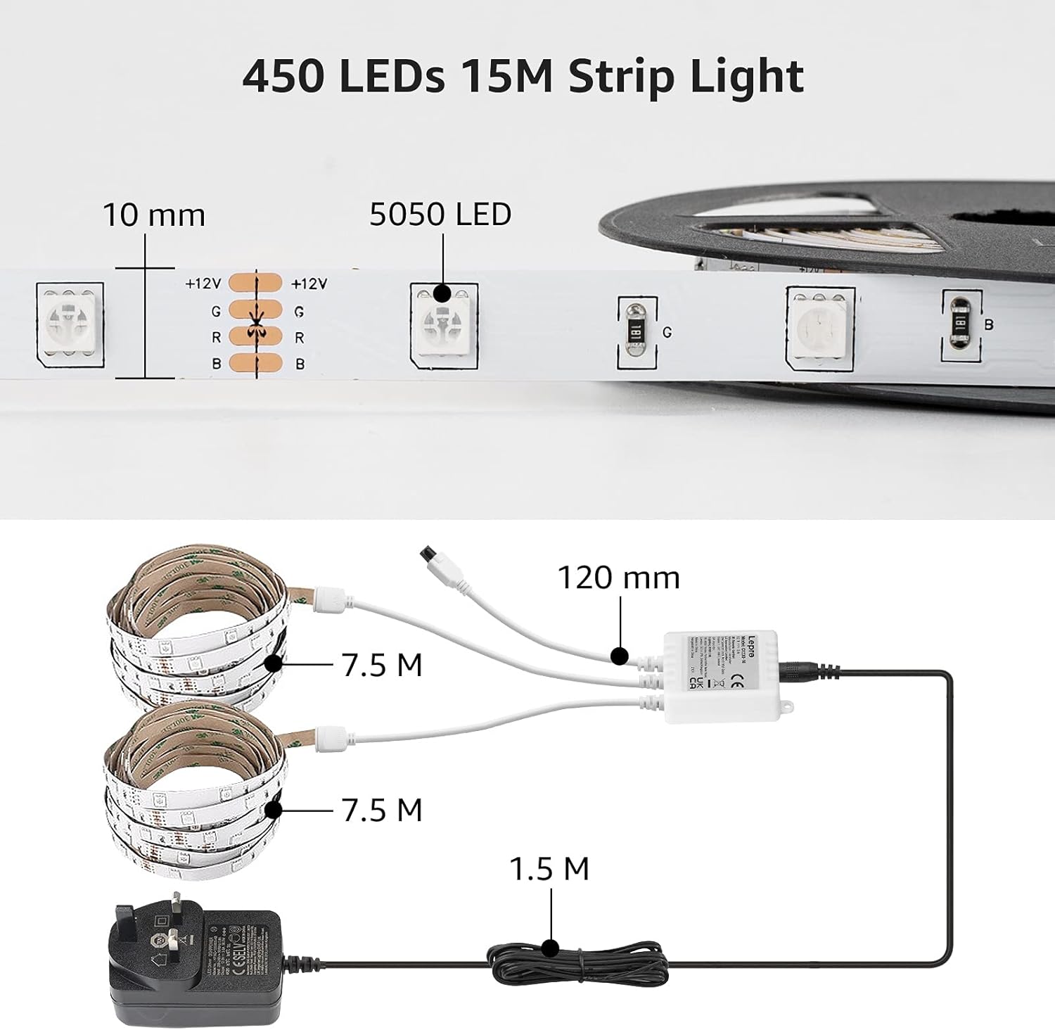 Lepro LED Strip Lights 15M (2x7.5M), RGB Colour Changing LED Strip with 44-Key Remote and 12V Power Plug, Stick-on LED Lights for Bedroom Home Decoration (450 Bright 5050 LED)-6