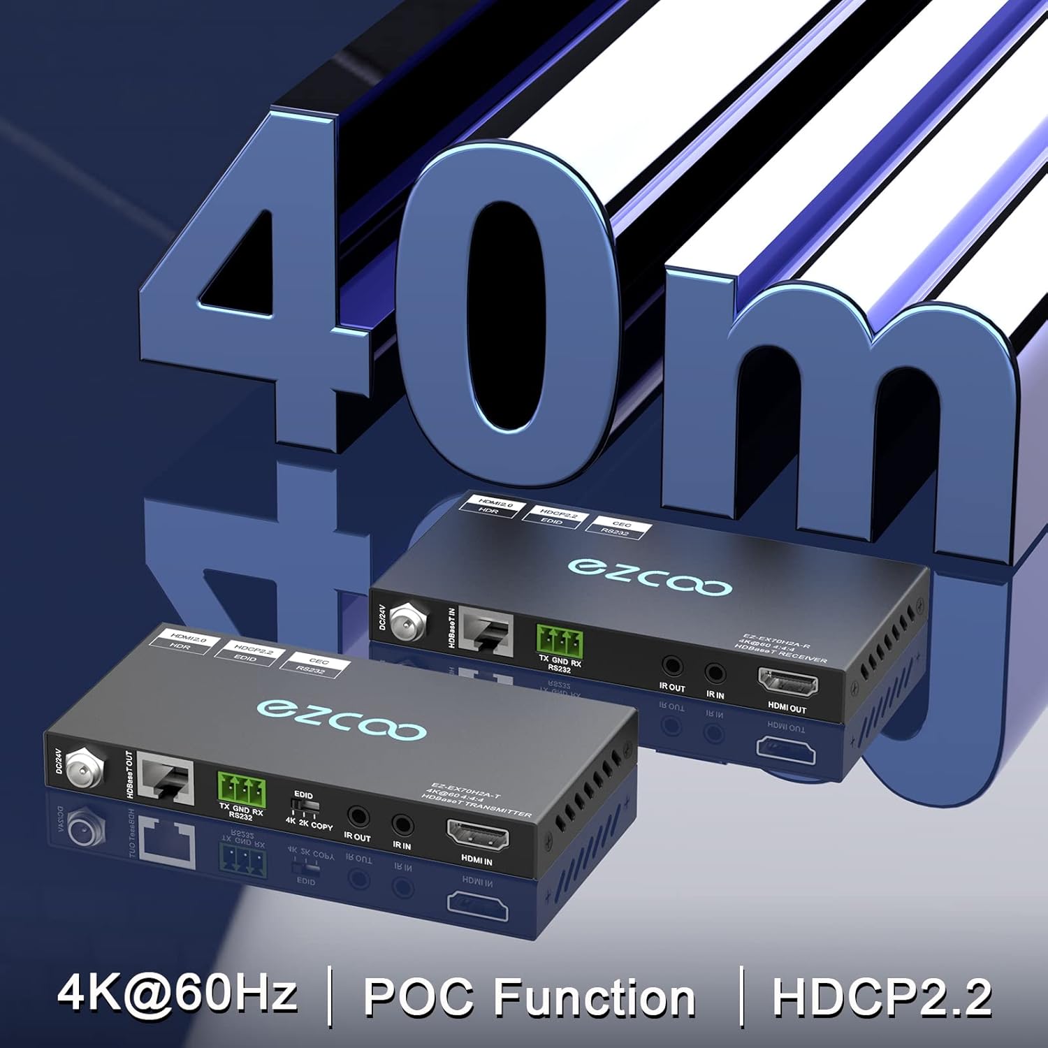 ROFAVEZCO HDMI Extender Over Ethernet 4k 60HZ Uncompressed 18G/BPS Over Single Cat5/6 up to 40m(165ft), RS232+POE+IR+HDCP2.2, HDR CEC EDID Management.-2