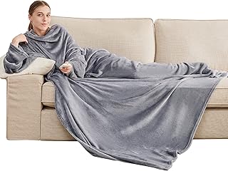 Bedsure Wearable Blanket with Sleeves Women - Warm Fleece Blanket as Gifts for Her, Cosy TV Blankets with Front Pocket for Adults Men, Grey, 150 x 200 cm