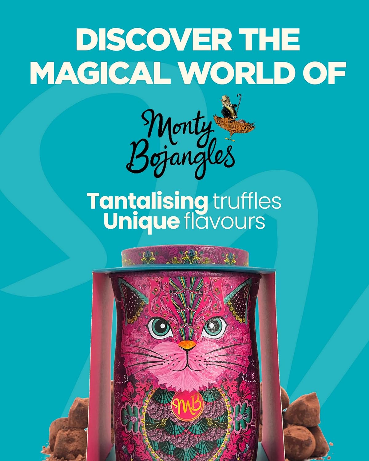 Monty Bojangles Cocoa Dusted Chocolate Truffles Cat Tin (Persian Pink - 4.7oz) Choccy Scoffy Flavored Luxury Chocolatey Truffles - Collectable Cat Tin-1