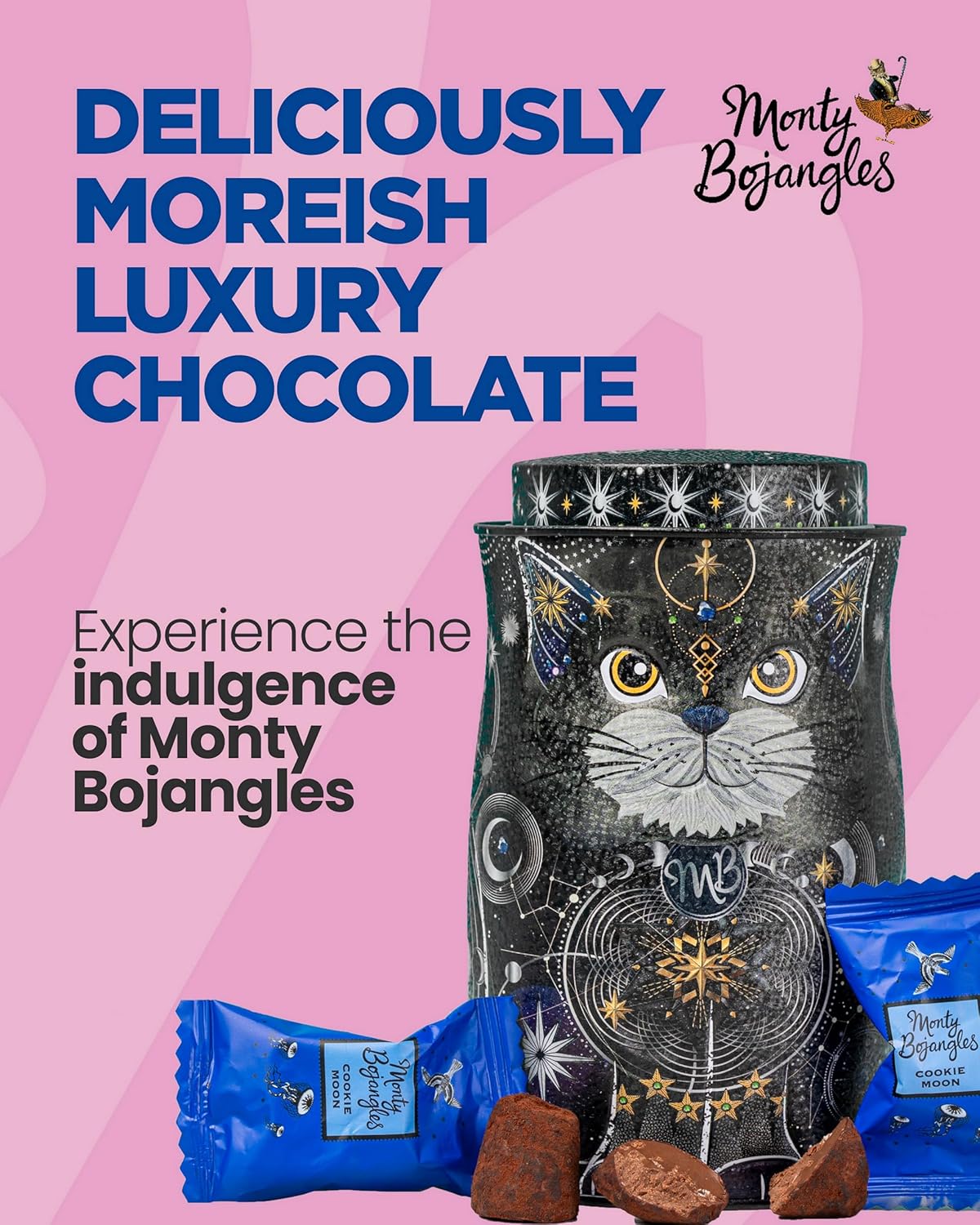 Monty Bojangles Cocoa Dusted Chocolate Truffles Cat Tin (Persian Pink - 4.7oz) Choccy Scoffy Flavored Luxury Chocolatey Truffles - Collectable Cat Tin-3