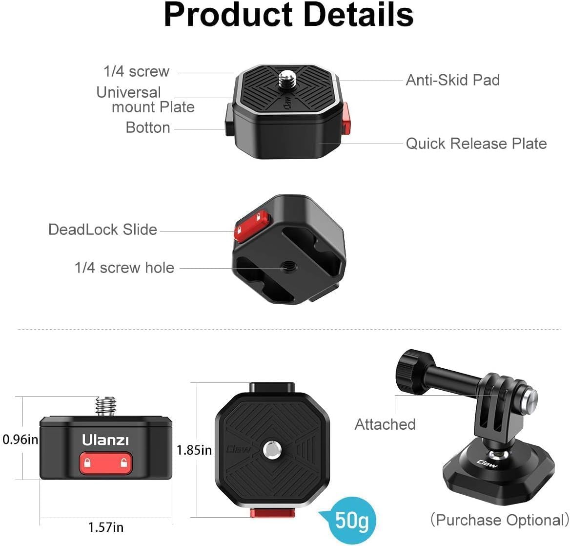 ULANZI Claw Quick Release Camera Mount, Metal Quick Release Plate with 1/4'' Screw, Quick Rlease Tripod Mount for DSRL Cameras/Gimble/Tripod/Monopod/Ball Head/Slider-1