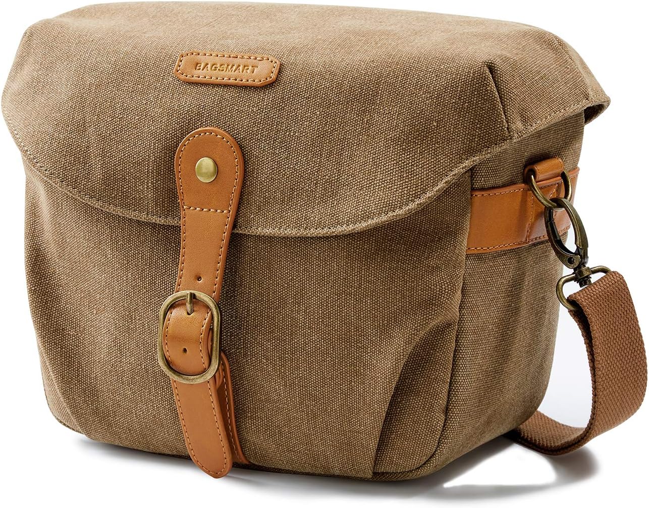 bagsmart Vintage Camera Bag Messenger Bag Canvas SLR DSLR Case Padded Shoulder Bag with Rain Cover for Day Trip, Travel (Khaki)-0