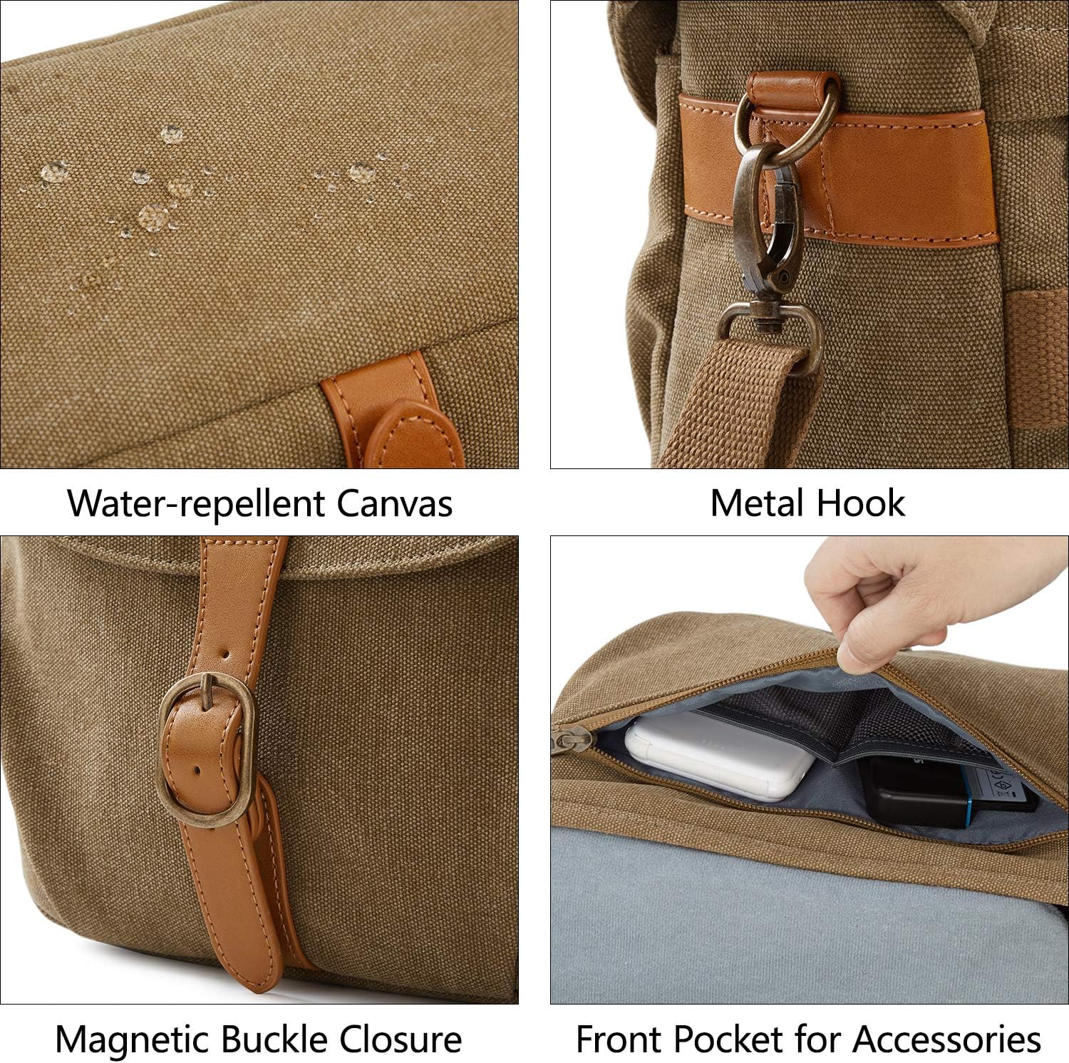 bagsmart Vintage Camera Bag Messenger Bag Canvas SLR DSLR Case Padded Shoulder Bag with Rain Cover for Day Trip, Travel (Khaki)-4