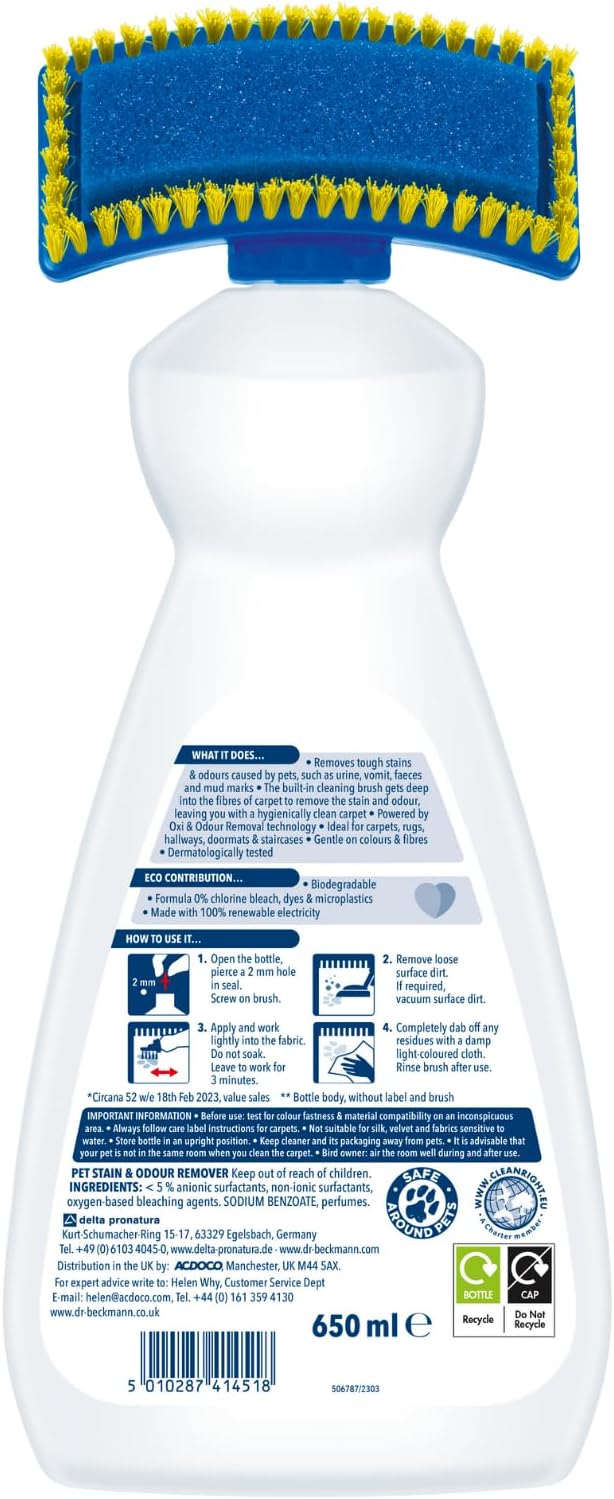 Dr. Beckmann Pet Stain & Odour Remover, Eliminates stains and odours caused by pets, incl. applicator brush, 650 ml-1