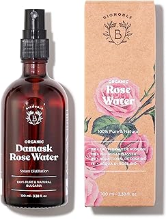 BIONOBLE Organic Rose Water 100ml - 100% Pure and Natural Damask Rose Hydrolat - Face, Eye Contour, Body, Hair - Glass Bottle + Spray