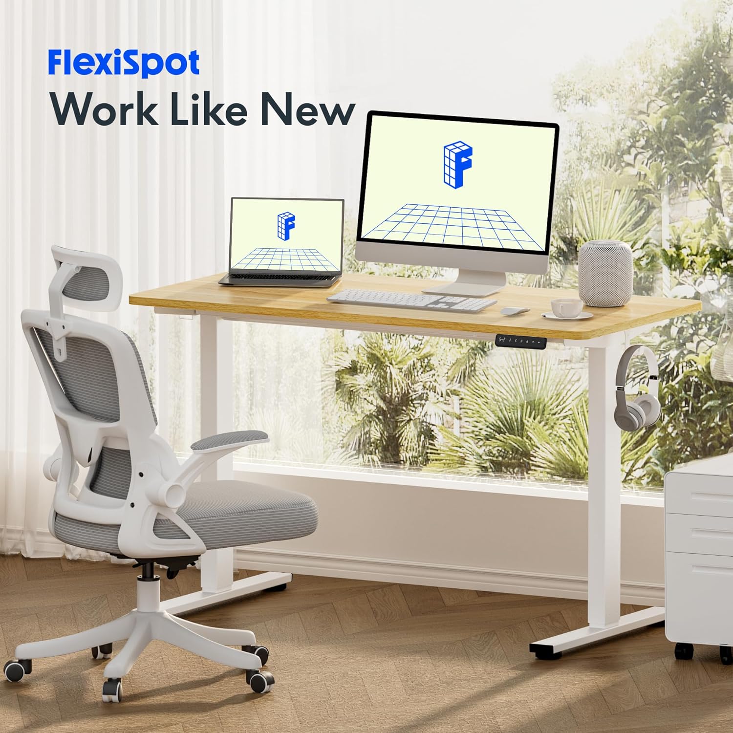 FLEXISPOT Electric Height Adjustable Standing Desk 120 * 60cm Sit Stand Desk Adjustable Desk Stand Up Desk with Cable Tray Backpack Hook Memory Smart Pannel EF1 SERIES(White Frame+Maple Desktop)-2